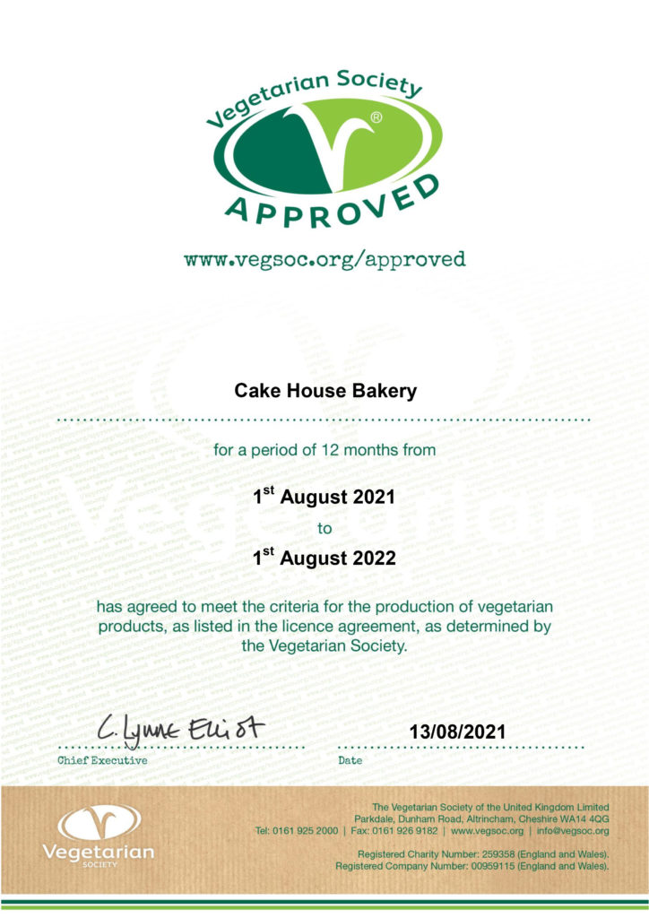 Cake House Bakery VSA Veggie Certificate